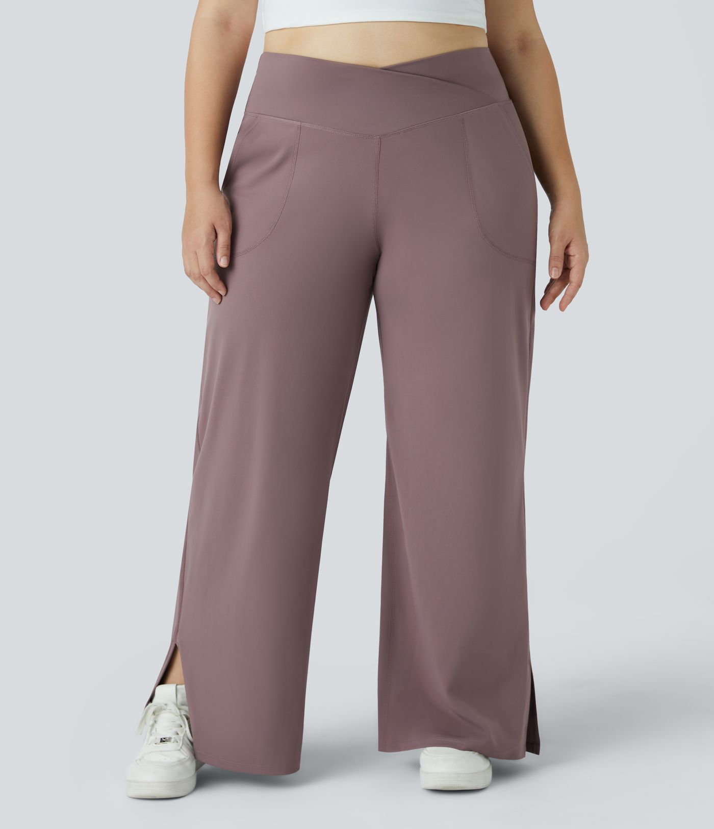 Pantalones yoga pierna ancha talla grande dobladillo dividido bolsillo cruzado-Smile