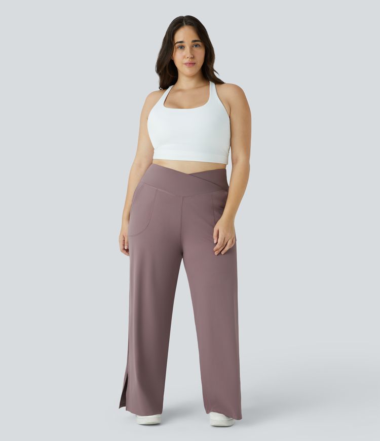 Pantalones yoga pierna ancha talla grande dobladillo dividido bolsillo cruzado-Smile