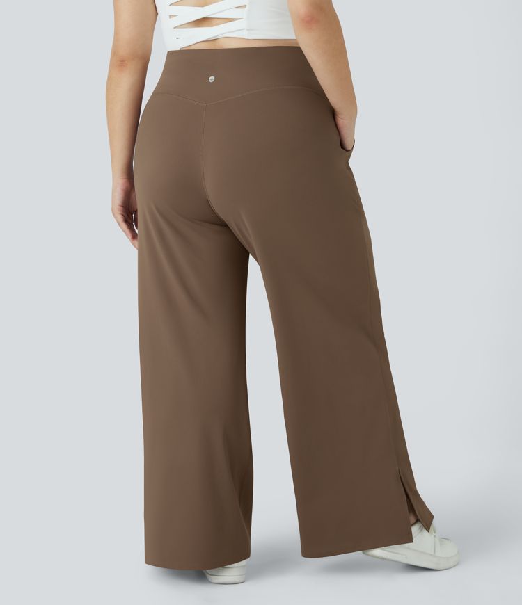 Pantalones yoga pierna ancha talla grande dobladillo dividido bolsillo cruzado-Smile