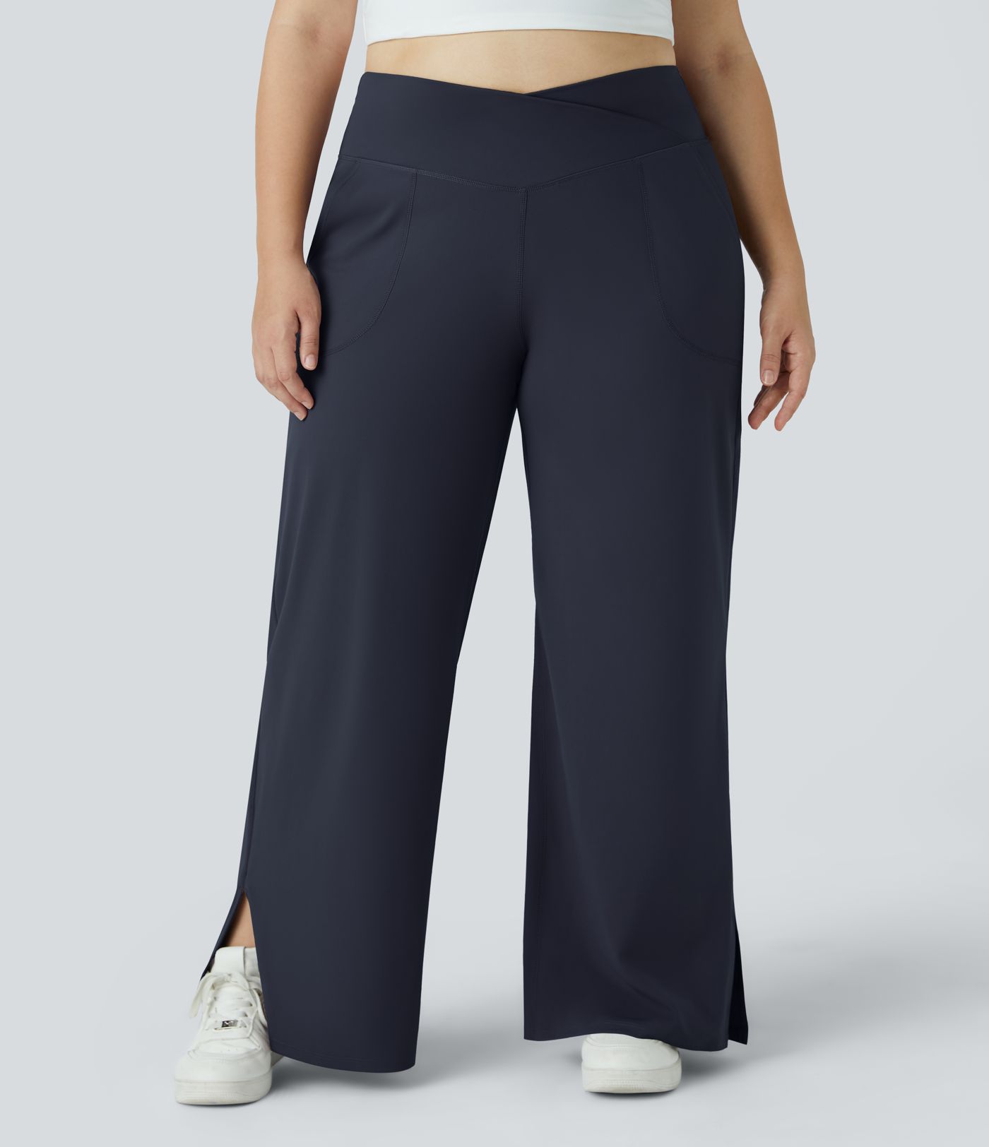 Pantalones yoga pierna ancha talla grande dobladillo dividido bolsillo cruzado-Smile