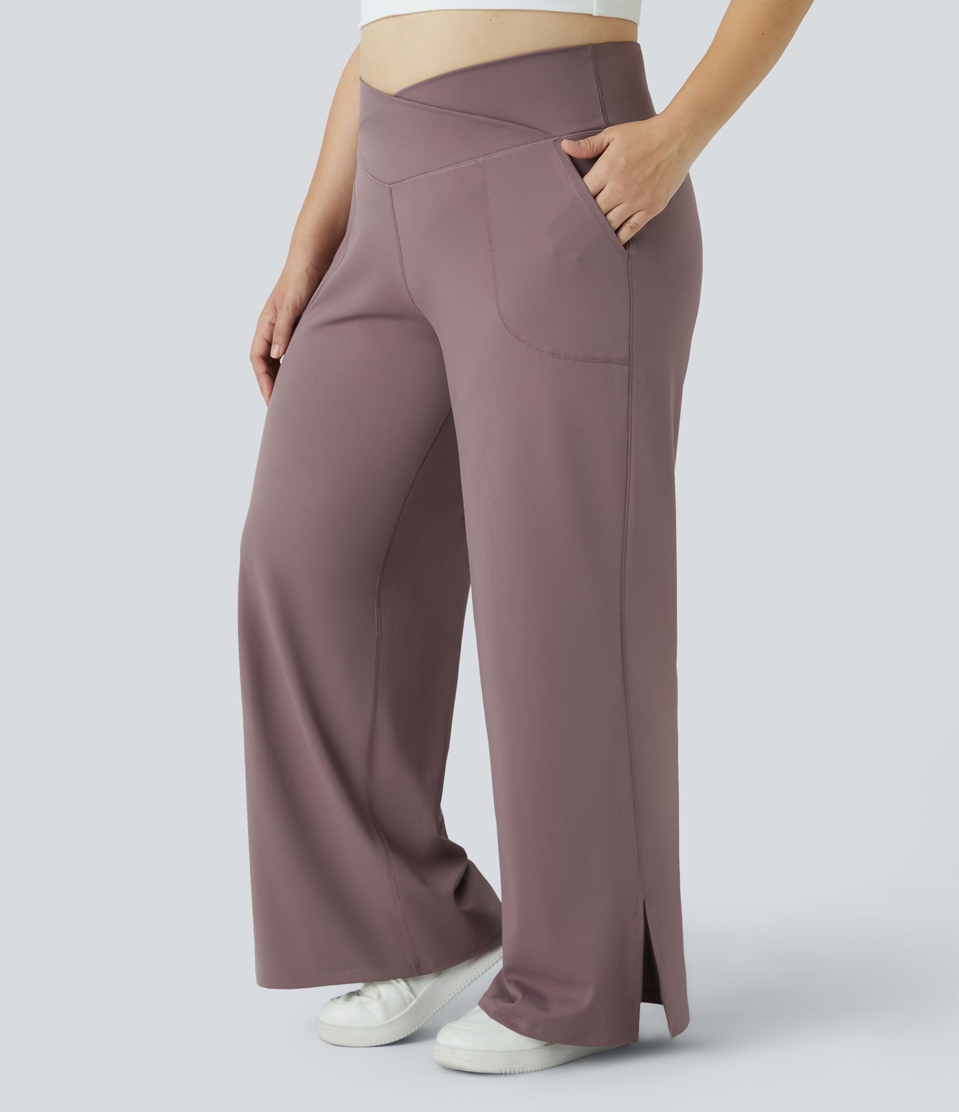 Pantalones yoga pierna ancha talla grande dobladillo dividido bolsillo cruzado-Smile