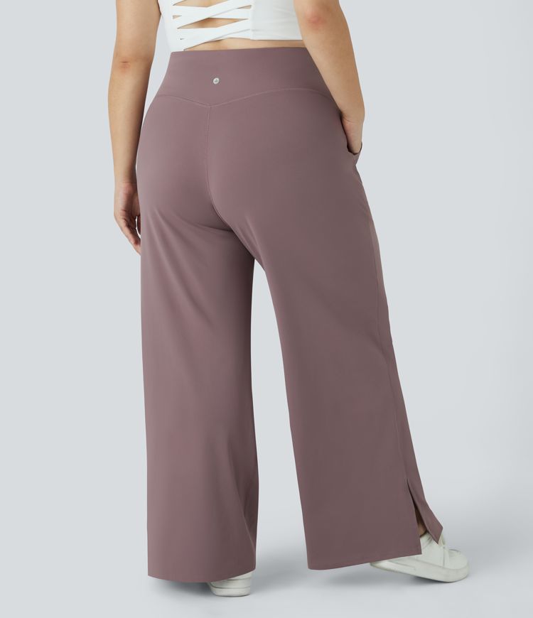 Pantalones yoga pierna ancha talla grande dobladillo dividido bolsillo cruzado-Smile