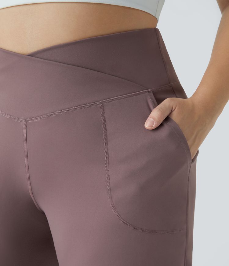 Pantalones yoga pierna ancha talla grande dobladillo dividido bolsillo cruzado-Smile