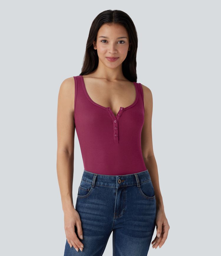 Ribbed Henley Neck Slim Casual Tank Top