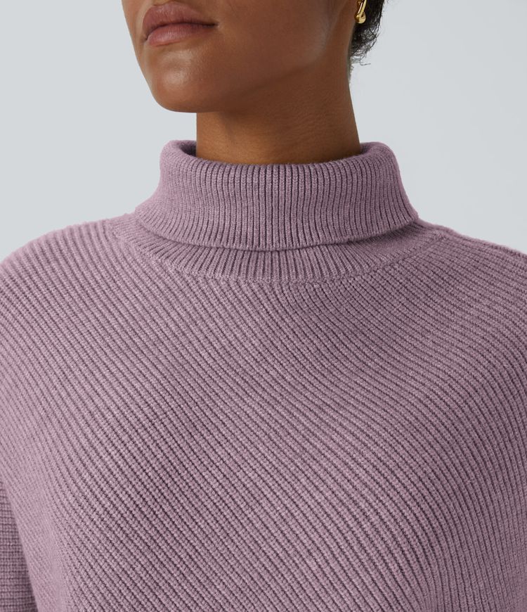 High Neck Long Sleeve Asymmetric Hem Work Sweater