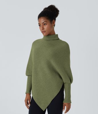 Pull cape de travail à col montant, manches longues et ourlet asymétrique