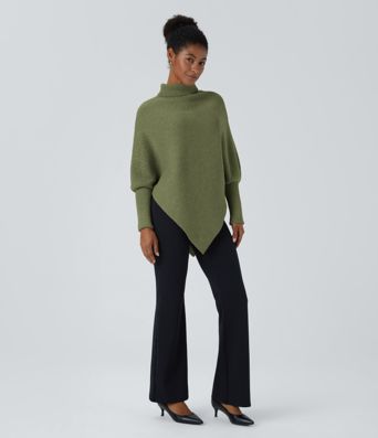 Pull cape de travail à col montant, manches longues et ourlet asymétrique