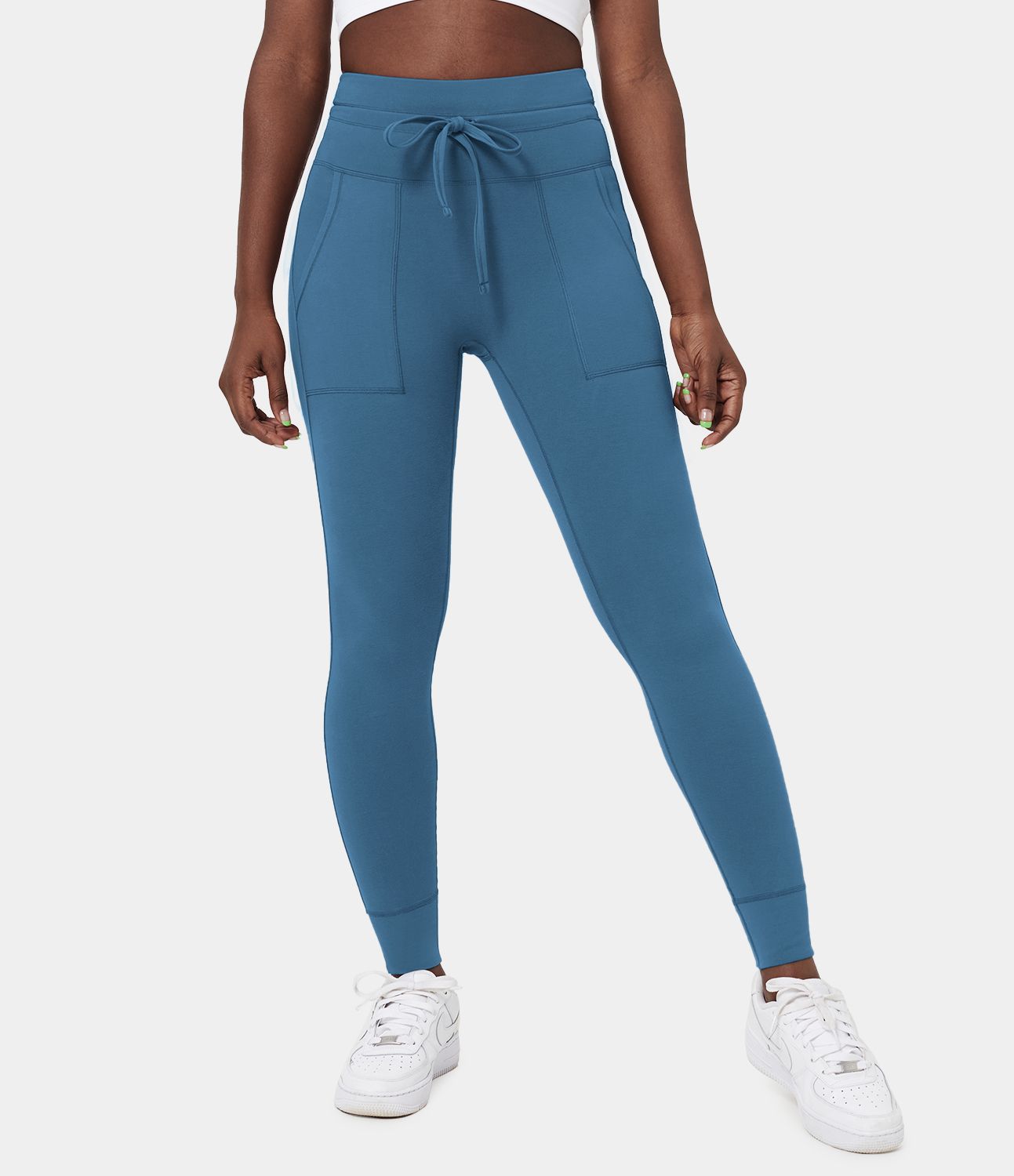 7/8 Cotton Joggers with High Waist and Drawstring