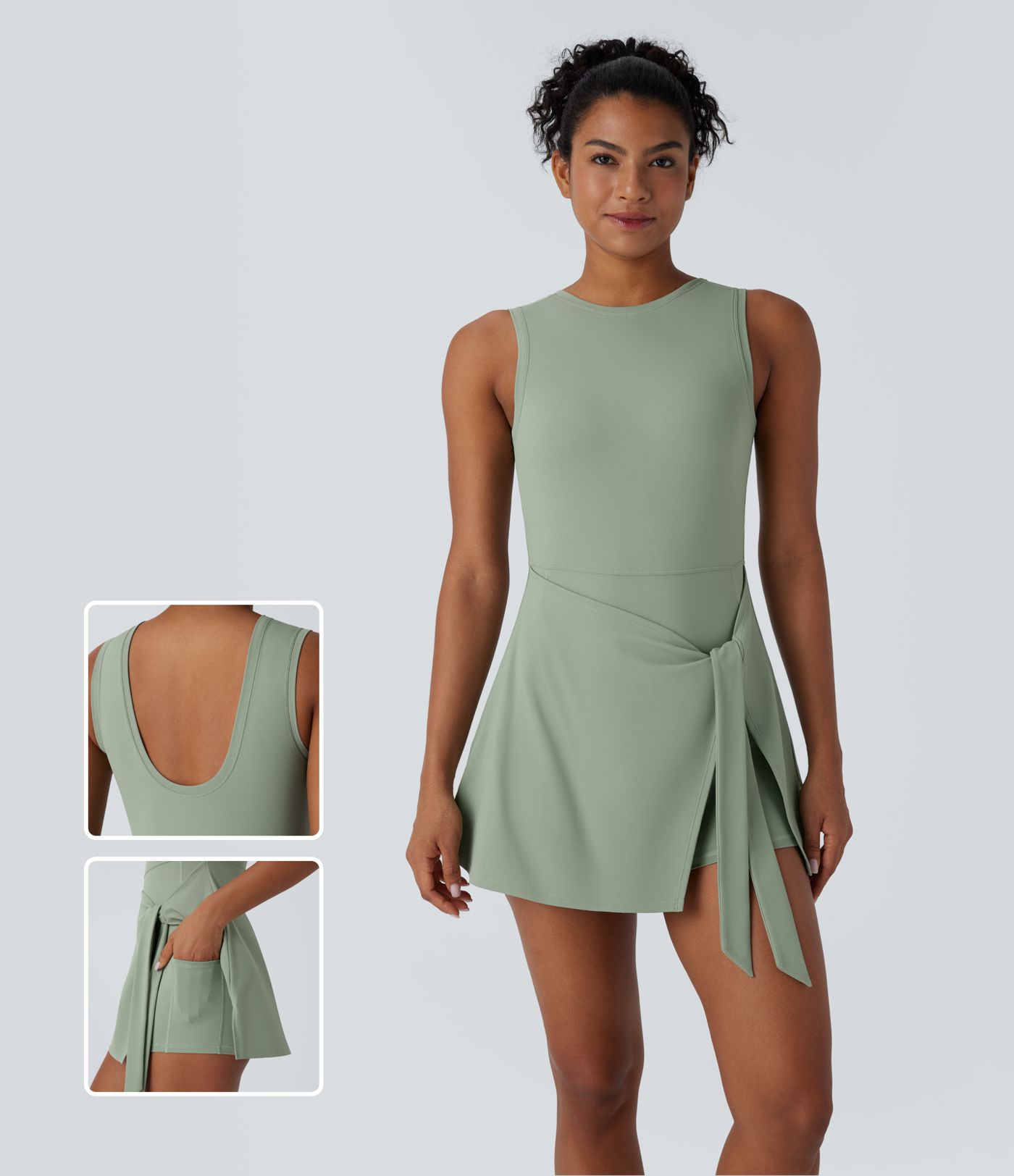 Rückenfreies, ärmelloses 2-in-1 Pickleball-Wickel-Minikleid mit Seitentaschen zum vorne Binden