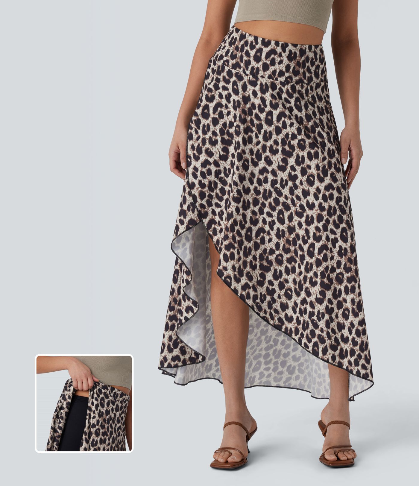 High Waisted Invisible Zipper High Low Ruffle Leopard Print Midi Flowy 2 Piece Resort Skirt