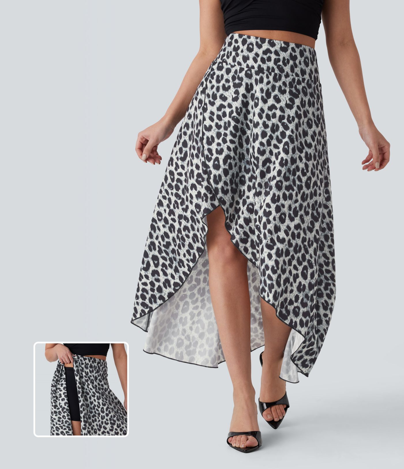 High Waisted High Low Ruffle Leopard Print Midi Flowy 2 Piece Skirt