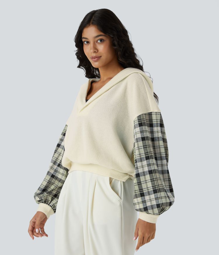 Sweat à capuche col V en maille gauffrée bicolore