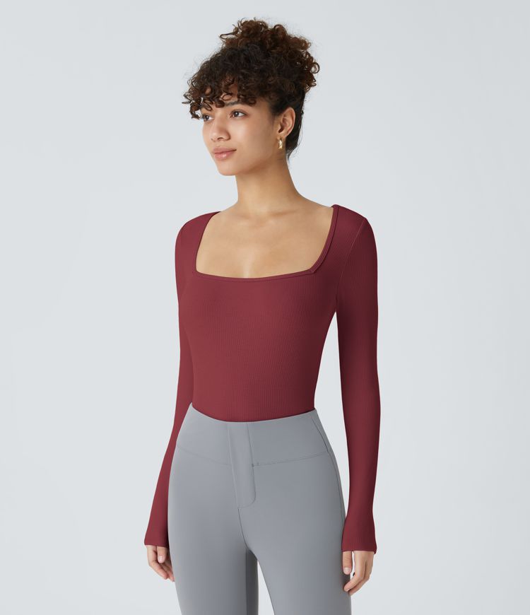 Bodysuit de Travail Tricot Côtelé Col Carré Manches Longues Boutonné Silhouette Élancée