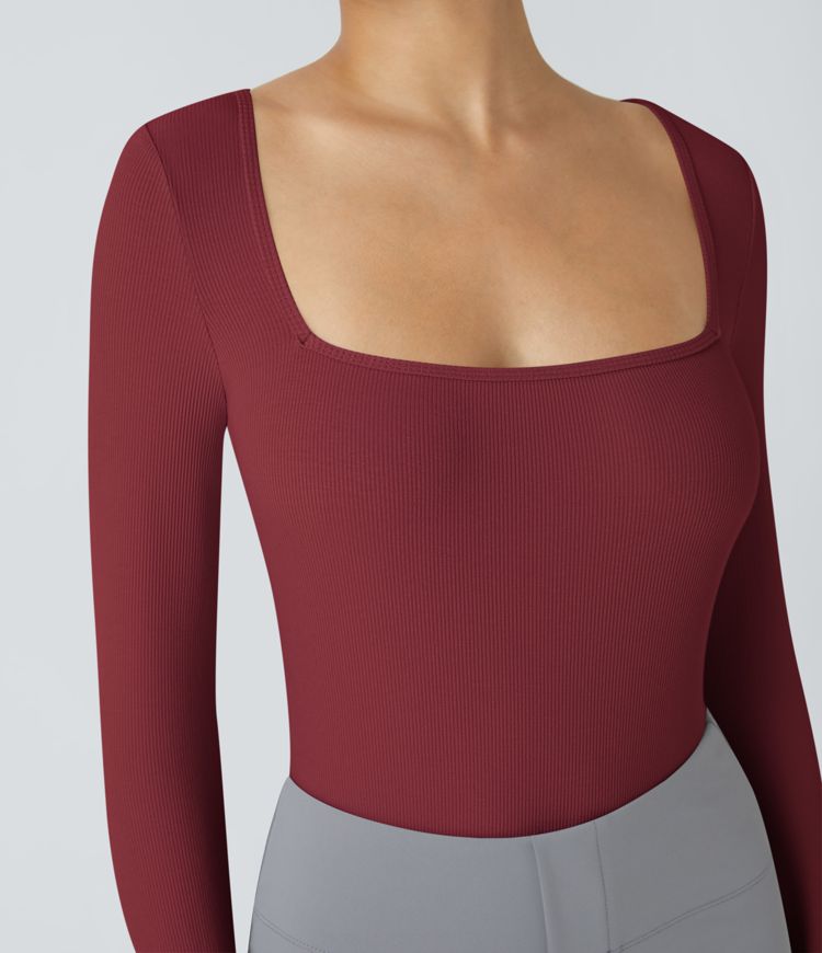 Bodysuit de Travail Tricot Côtelé Col Carré Manches Longues Boutonné Silhouette Élancée