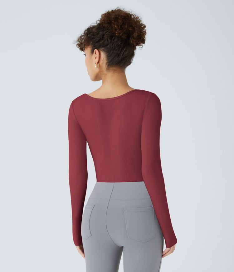 Bodysuit de Travail Tricot Côtelé Col Carré Manches Longues Boutonné Silhouette Élancée