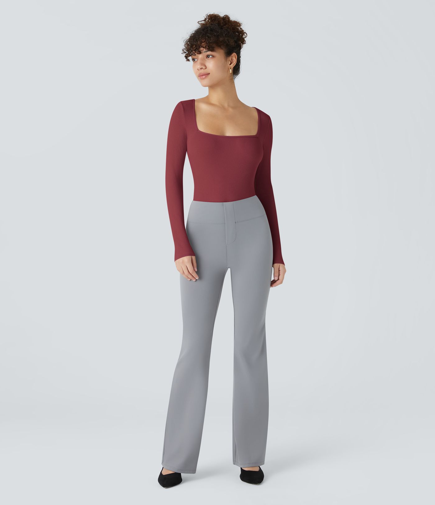 Bodysuit de Travail Tricot Côtelé Col Carré Manches Longues Boutonné Silhouette Élancée