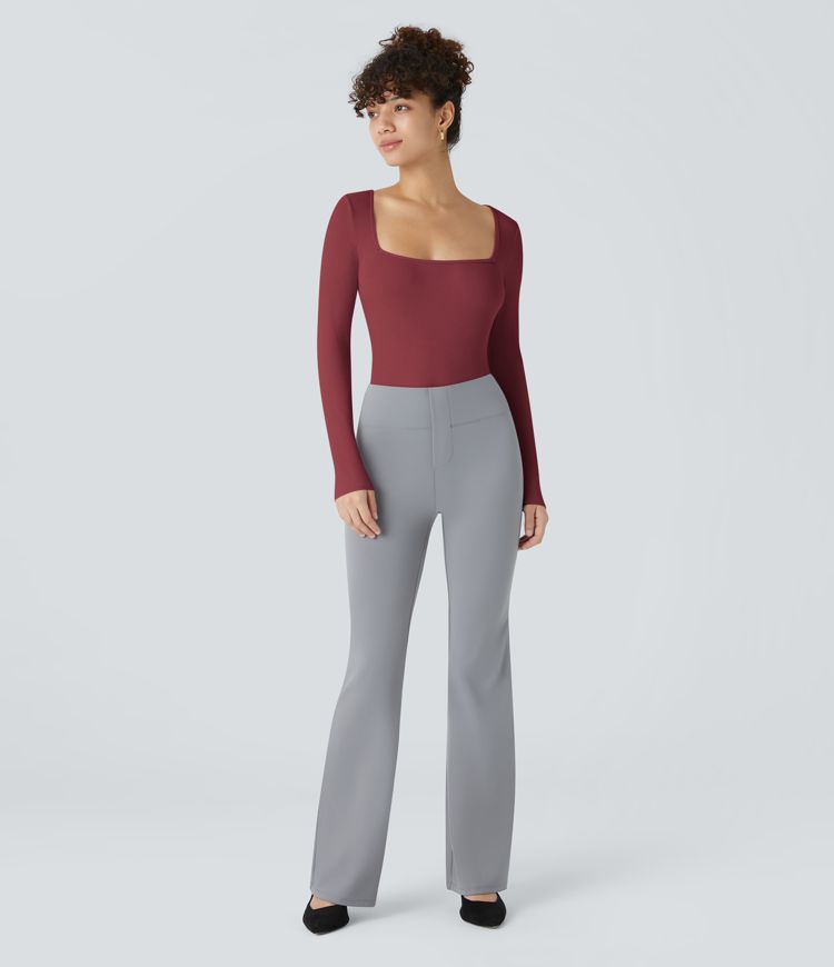 Bodysuit de Travail Tricot Côtelé Col Carré Manches Longues Boutonné Silhouette Élancée