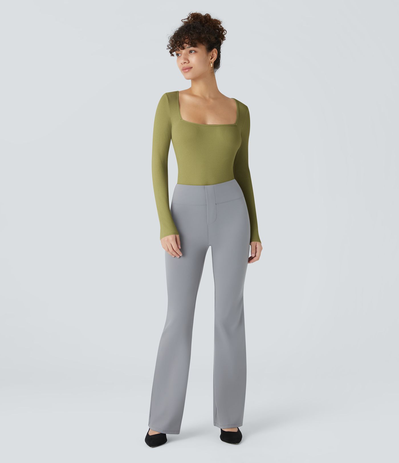 Ribstrikket bodysuit med firkantet udskæring, lange ærmer og smal pasform til arbejde