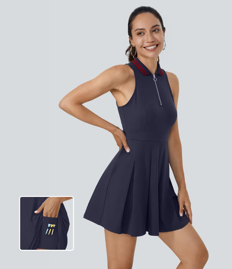 Kalara Half Zip 2-Pocket Pleated Golf Active Dress - Golf Tee Pocket