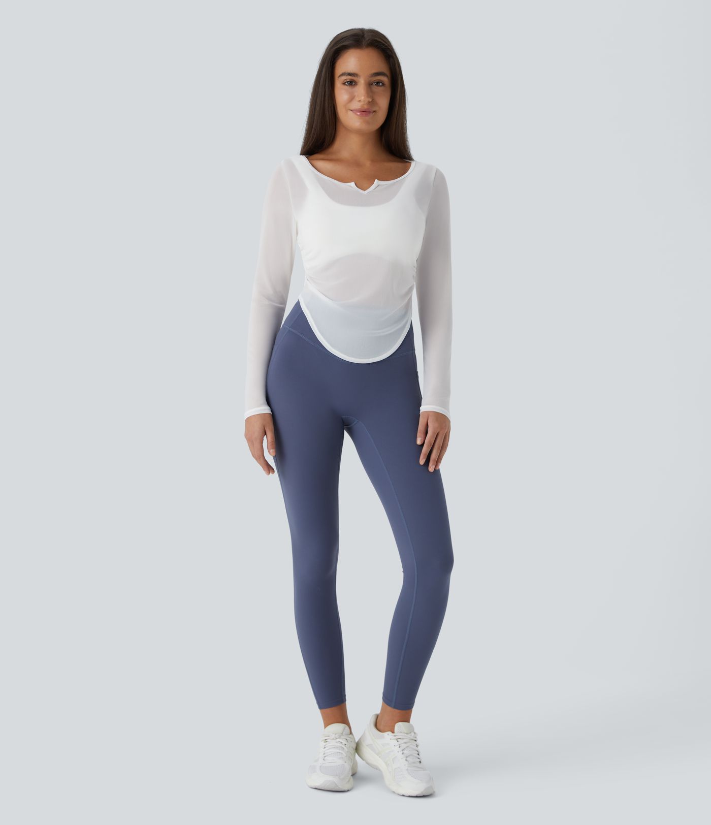 Sheer Mesh V Notch Long Sleeve Ruched Curved Hem Yoga Sports Top