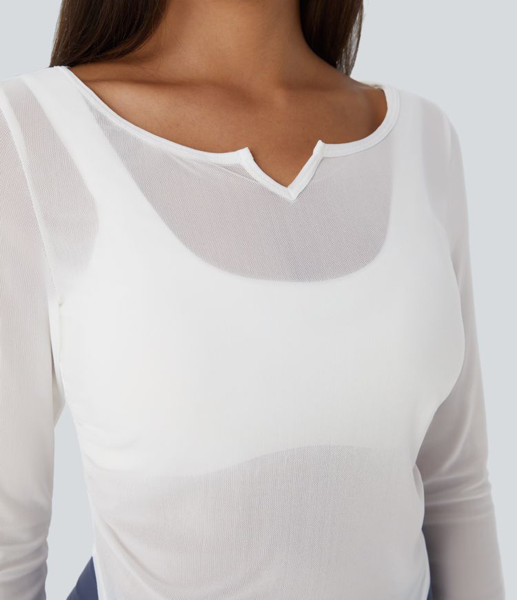 Sheer Mesh V Notch Long Sleeve Ruched Curved Hem Yoga Sports Top