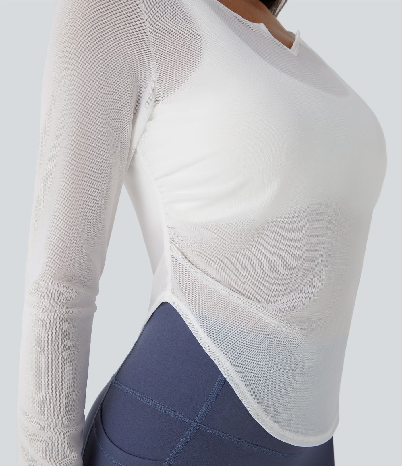 Sheer Mesh V Notch Long Sleeve Ruched Curved Hem Yoga Sports Top