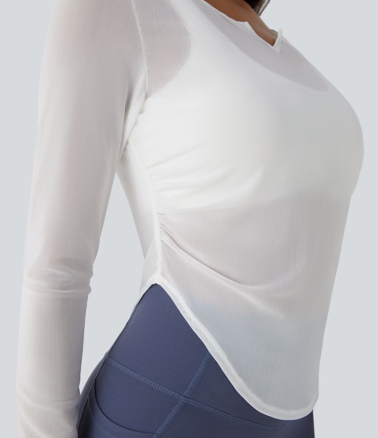 Sheer Mesh V Notch Long Sleeve Ruched Curved Hem Yoga Sports Top