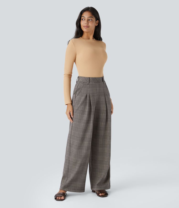 High Waisted Pocket Wide Leg Houndstooth Plaid Casual Pants