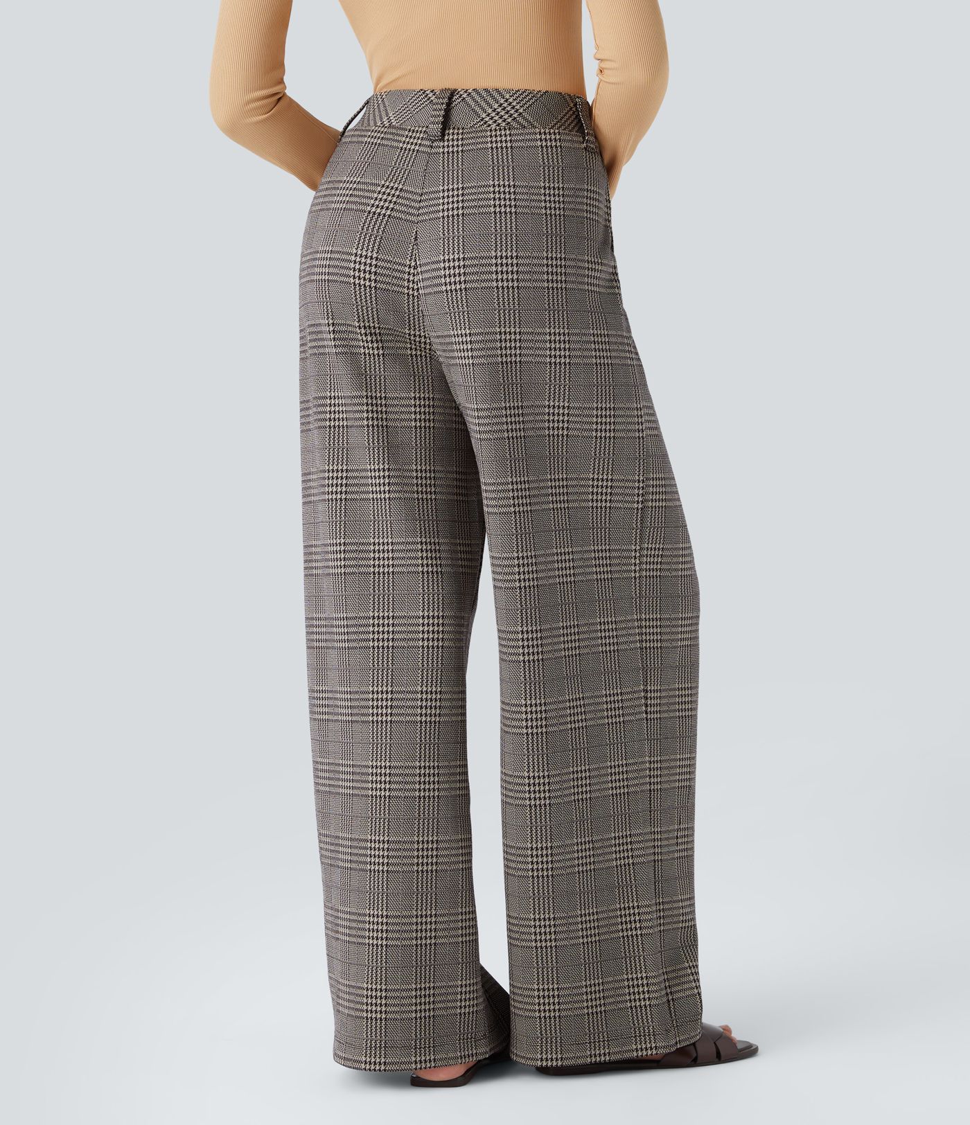 High Waisted Pocket Wide Leg Houndstooth Plaid Casual Pants