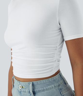 Round Neck Short Sleeve Ruched Skinny Cropped Casual T-Shirt