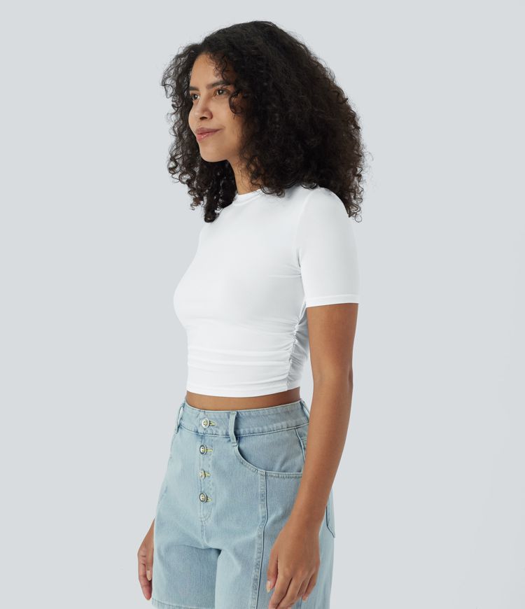 Round Neck Short Sleeve Ruched Skinny Cropped Casual T-Shirt