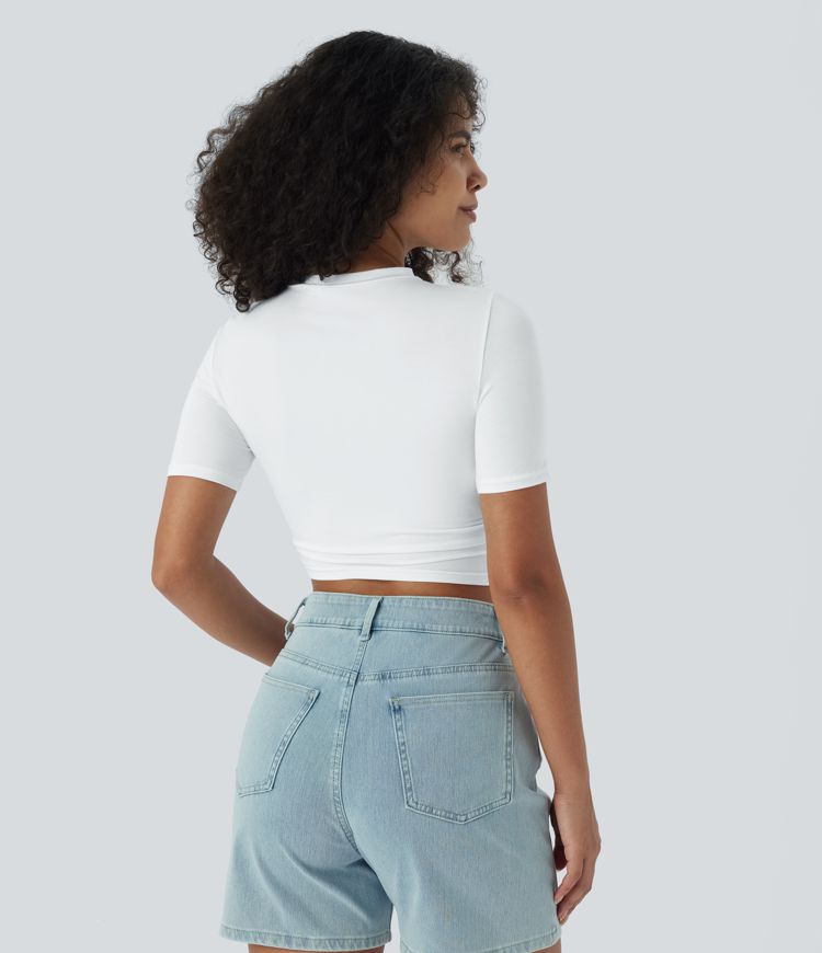 Round Neck Short Sleeve Ruched Skinny Cropped Casual T-Shirt