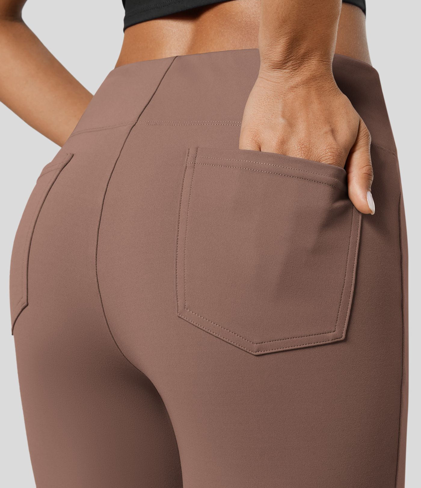 Pantalón oficina tiro alto bolsillo trasero lateral ligero acampanado