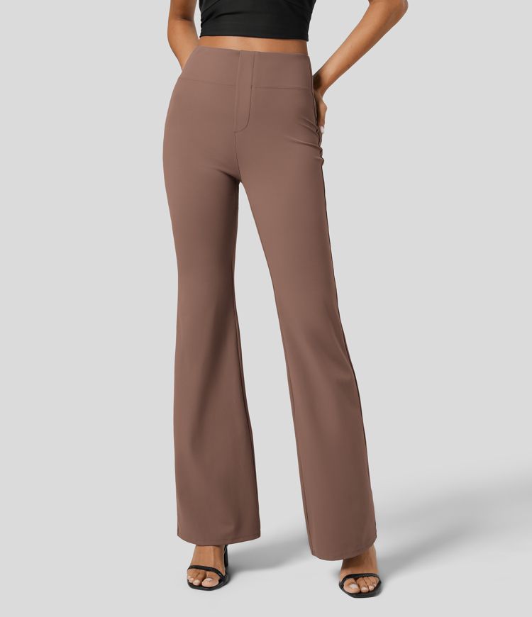 Pantalón oficina tiro alto bolsillo trasero lateral ligero acampanado