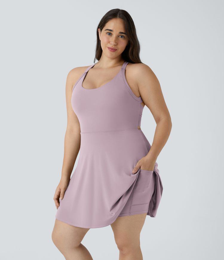 Backless Cut Out Twisted Side Pocket 2-in-1 Plus Size Barre Ballet Dance Dress