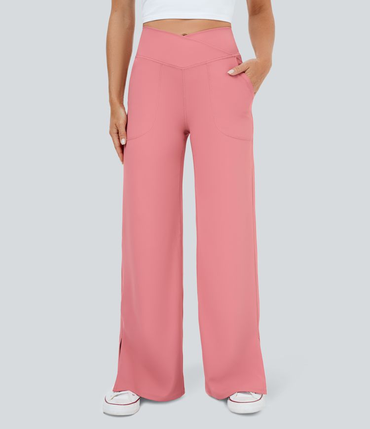 DayStretch Crossover Pocket Hem Wide Leg Yoga Pants-Smile