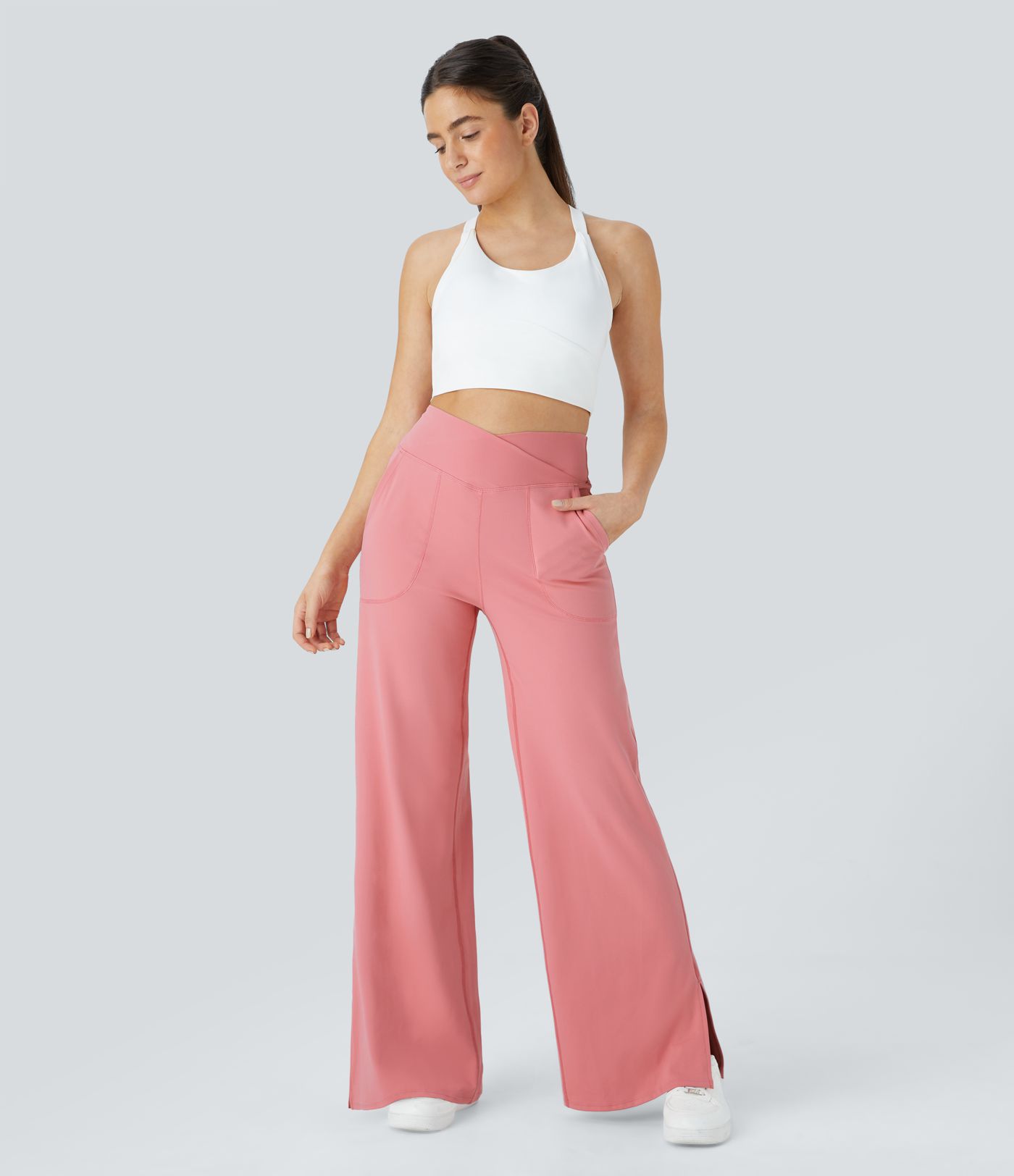 Cross Over Pocket Split Hem Wide Leg Yoga Pants - Smile