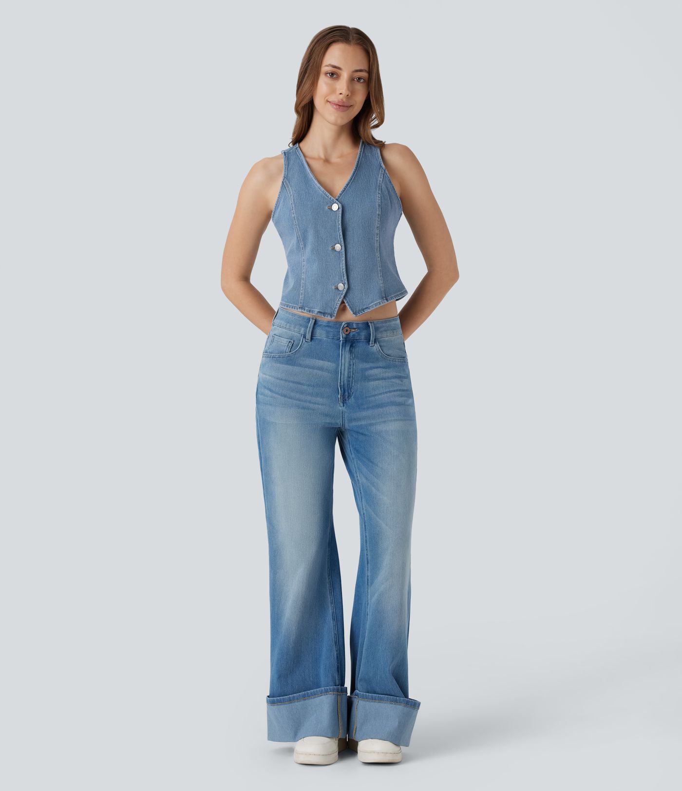 Chaleco Halara Flex™ Denim mezclilla elástico lavado botón cuello V