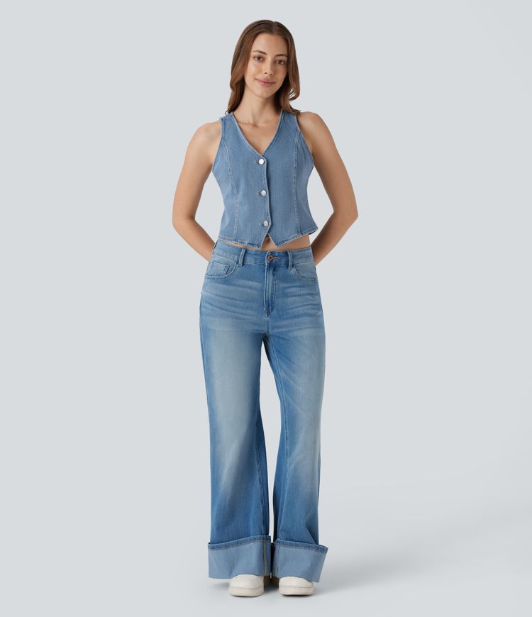 Chaleco Halara Flex™ Denim mezclilla elástico lavado botón cuello V