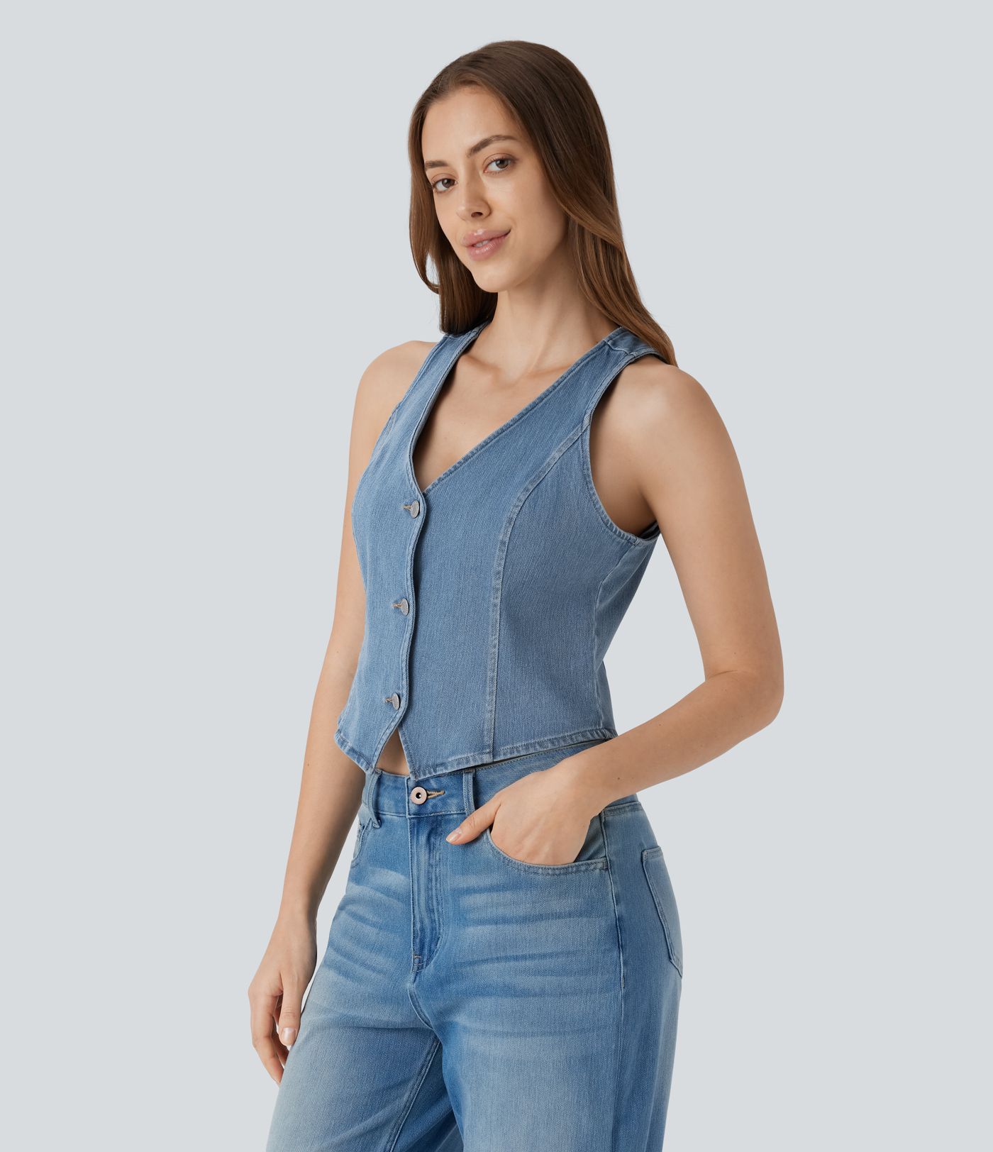 Chaleco Halara Flex™ Denim mezclilla elástico lavado botón cuello V