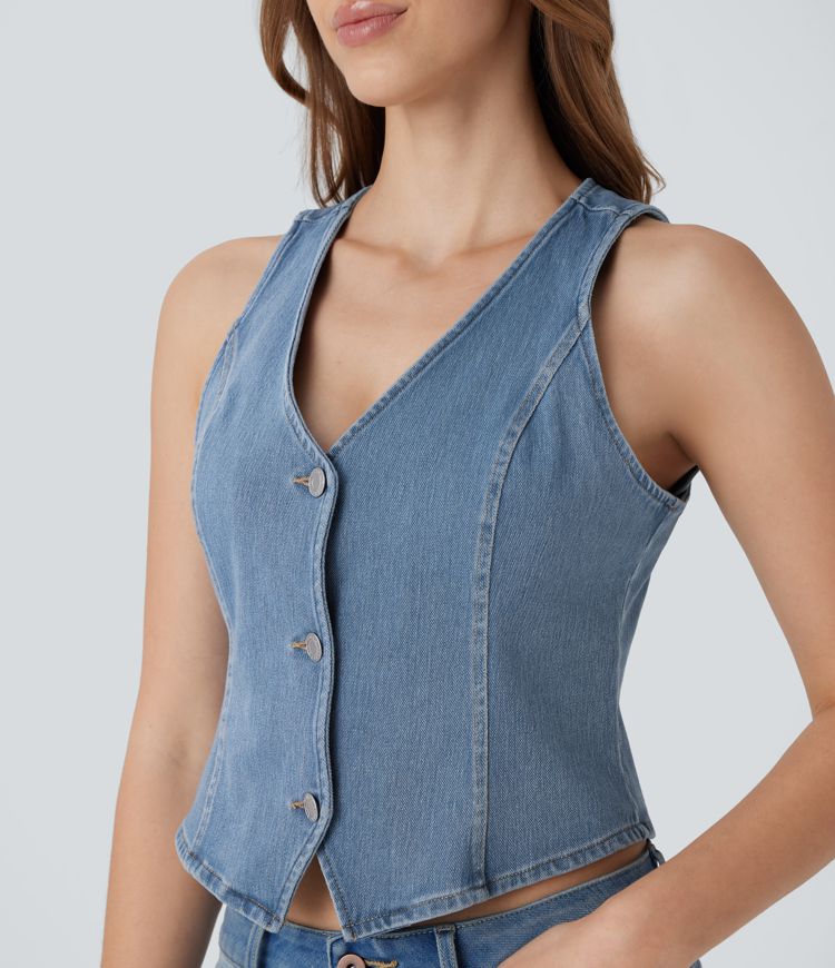 Chaleco Halara Flex™ Denim mezclilla elástico lavado botón cuello V