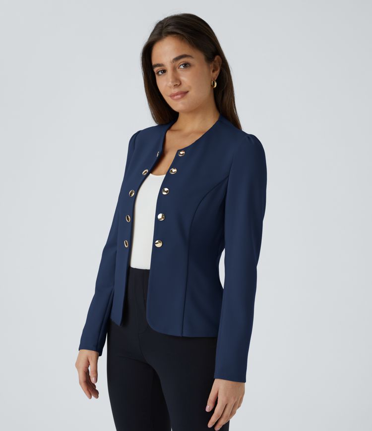 Veste de travail ajustée col rond à manches longues avec boutons décoratifs SculptKnit