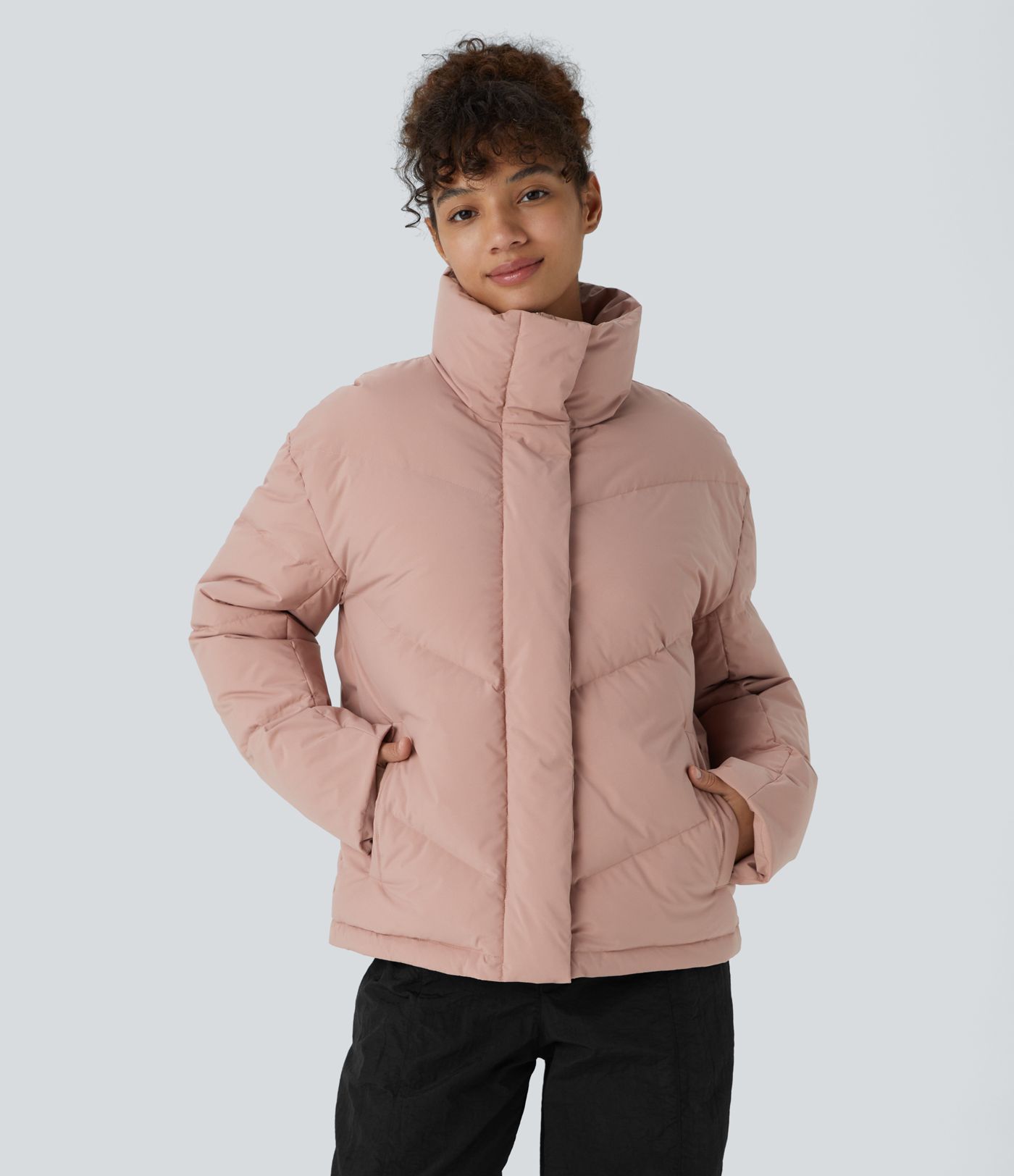 Water Repellent Funnel Neck Side Pocket Snap Button Zipper Drawstring Hem Relaxed Casual Puffer Down Jacket