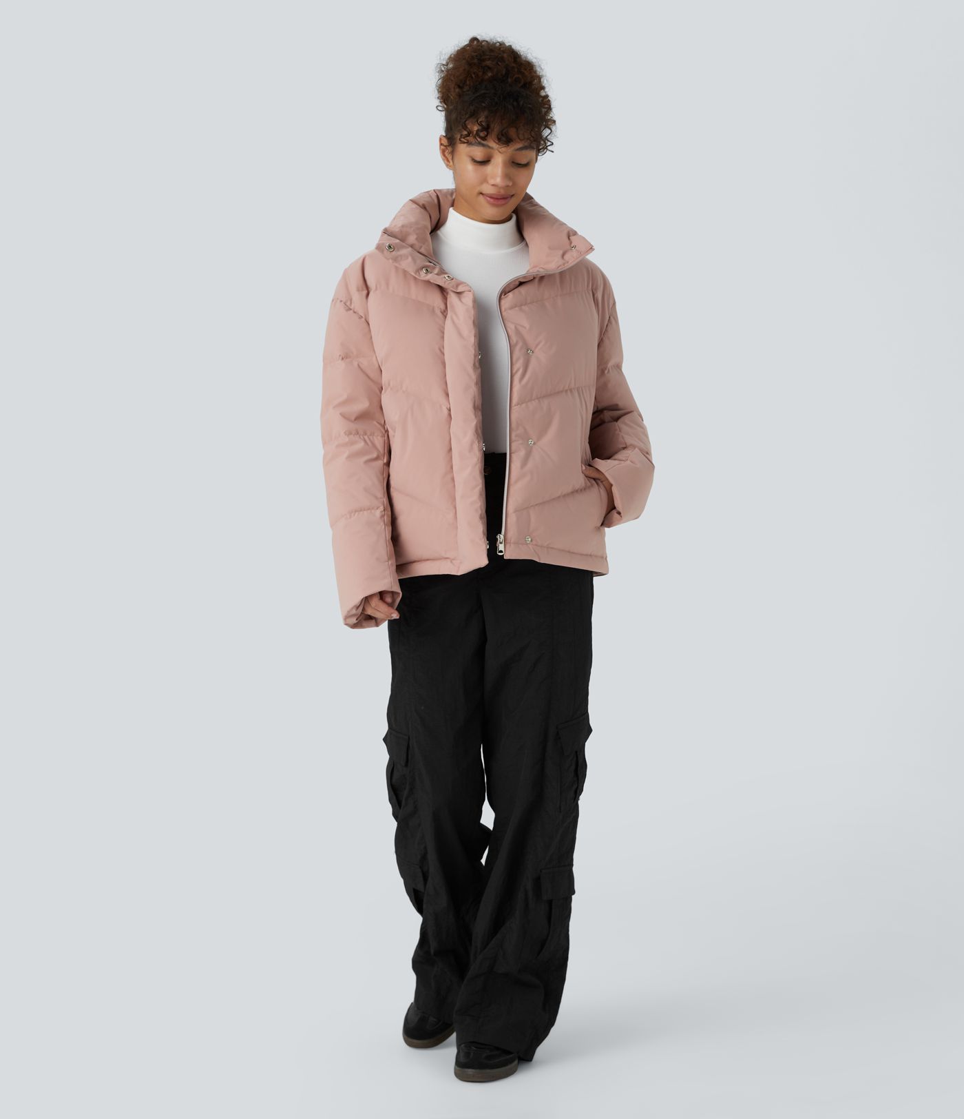 Water Repellent Funnel Neck Side Pocket Snap Button Zipper Drawstring Hem Relaxed Casual Puffer Down Jacket