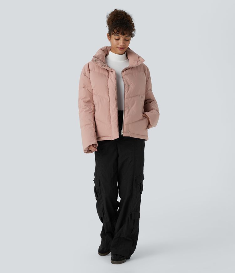 Water Repellent Funnel Neck Pocket Snap Zipper Drawstring Hem Relaxed Casual Puffer Down Jacket