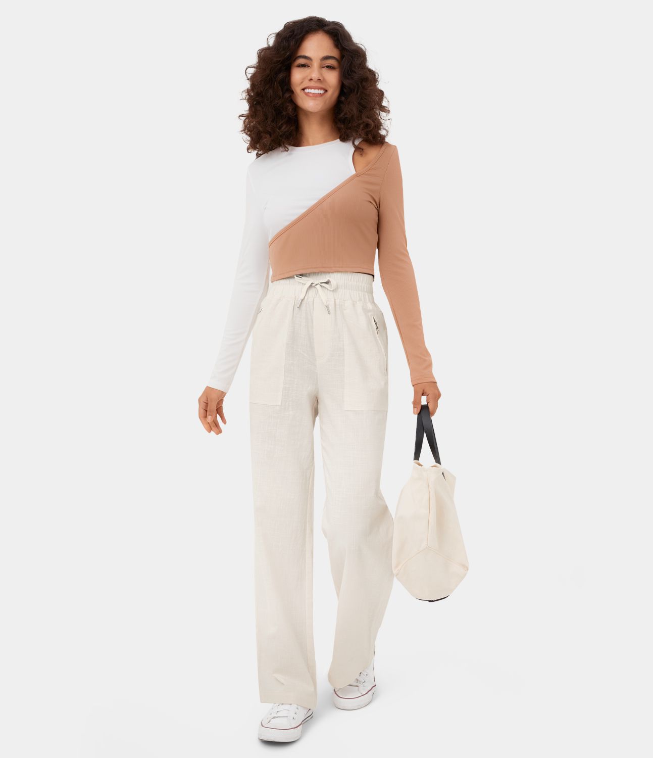 High Waisted Drawstring Side Zip Pocket Wide Leg Casual Linen-Feel Pants
