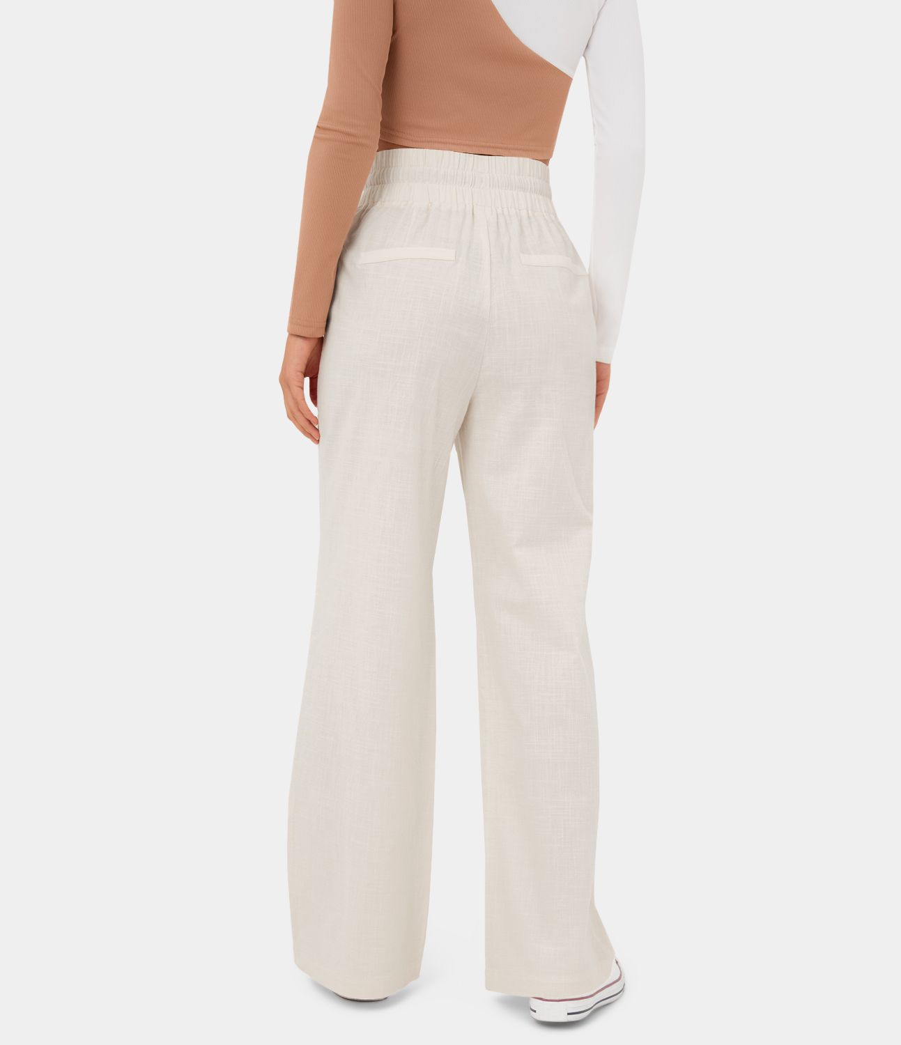 High Waisted Drawstring Side Zip Pocket Wide Leg Casual Linen-Feel Pants