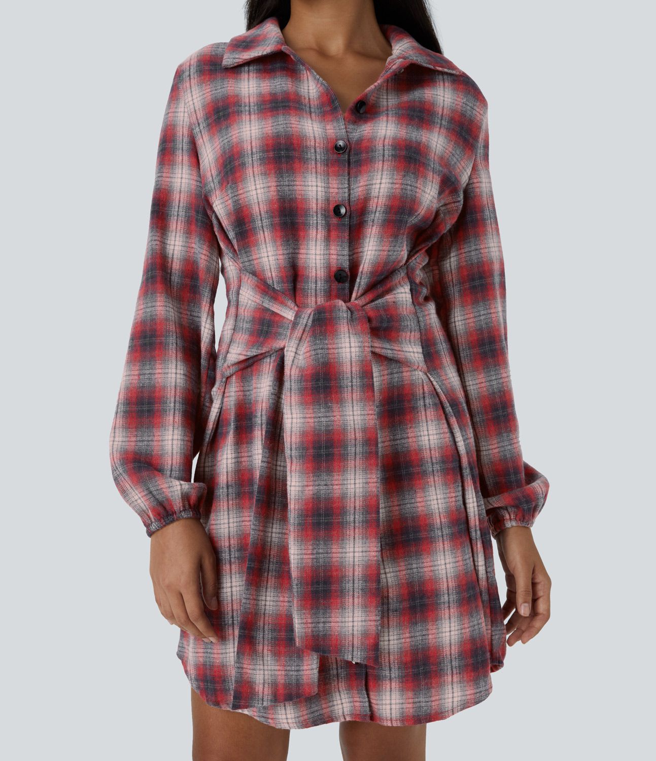 Vestido corto casual a cuadros con botones y lazo frontal