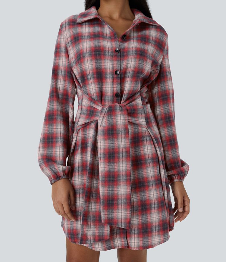 Vestido corto casual a cuadros con botones y lazo frontal