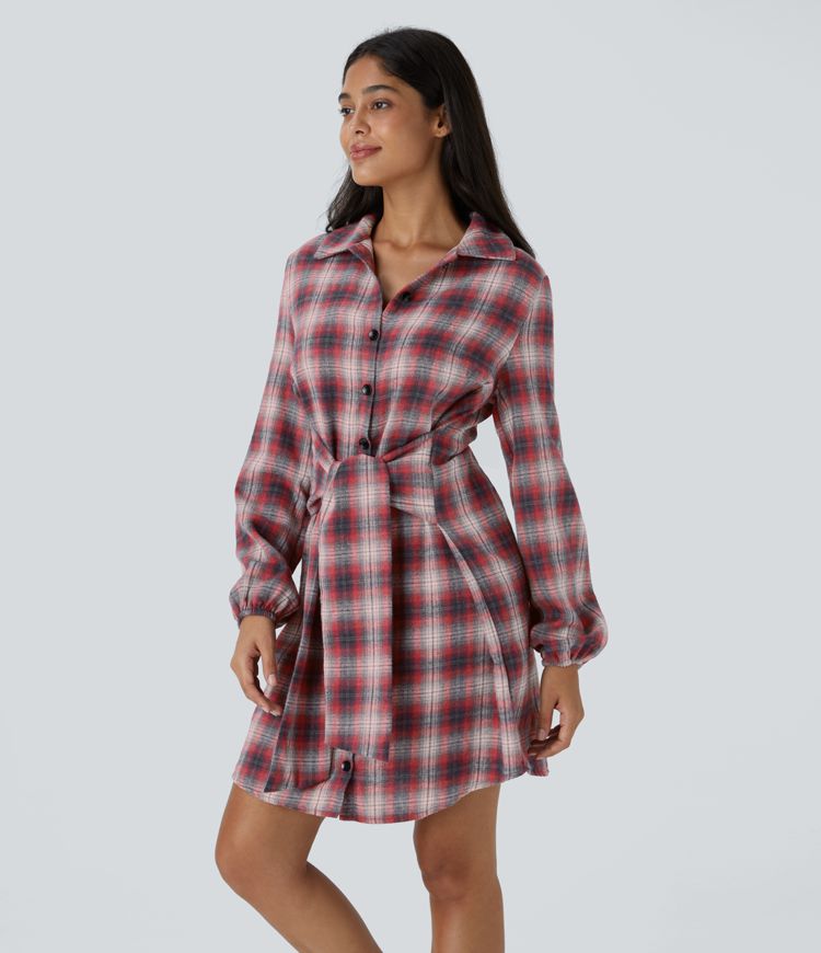 Vestido corto casual a cuadros con botones y lazo frontal